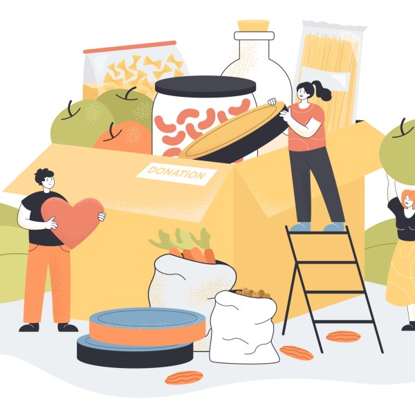 Tiny volunteers sharing canned food and grocery products Tiny volunteers sharing canned food and grocery products. Help, support and assistance from people with charity cardboard box flat vector illustration. Voluntary, delivery of humanitarian aid concept